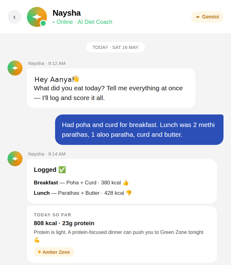 Naysha chat — user logs meals in plain language, gets scored, Amber Zone.